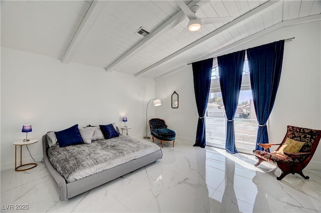 2851 Queens Courtyard Dr, Las Vegas, NV 89109 - bedroom with marble tiled floors, beam ceiling, and access to exterior
