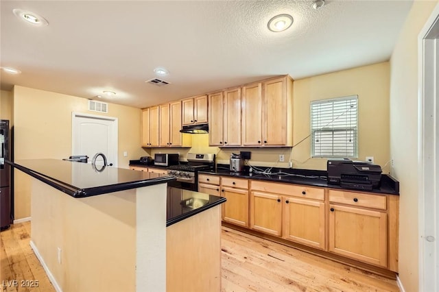 3168 Via Festiva, Henderson, NV 89044 - kitchen with stainless steel appliances, light brown cabinets, under cabinet range hood, light wood finished floors, and recessed lighting