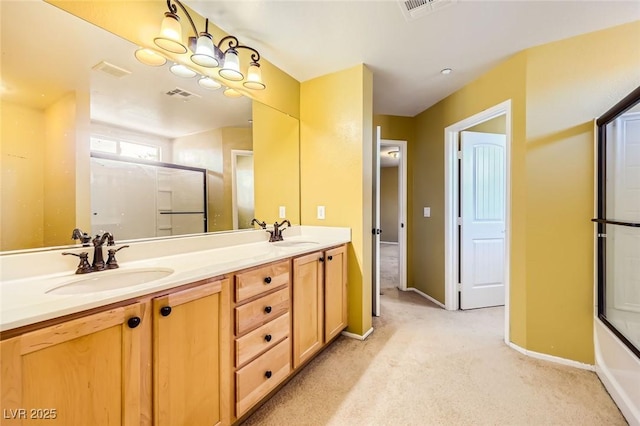 3168 Via Festiva, Henderson, NV 89044 - full bath featuring an enclosed shower, double vanity, and carpet floors