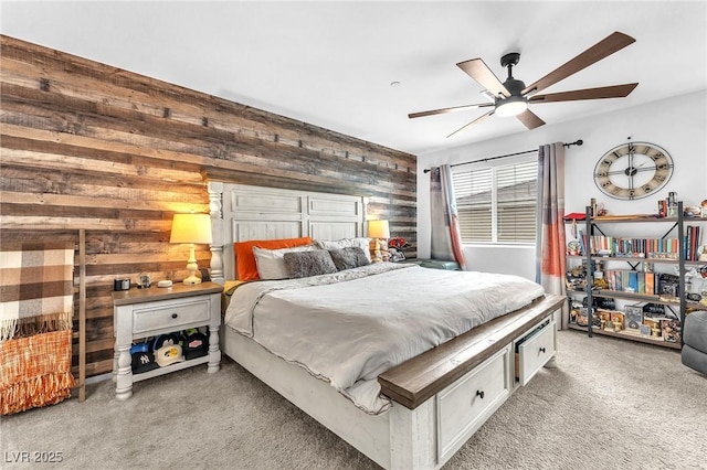 12280 Golden Wreath Rd Unit 3, Las Vegas, NV 89183 - bedroom with carpet, wood walls, and ceiling fan