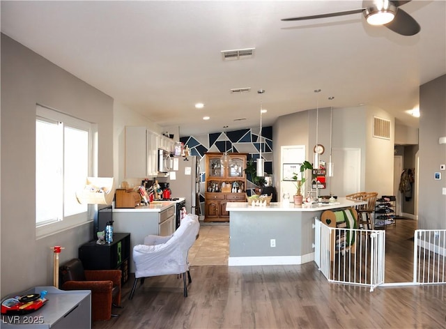 4848 Cutting Diamond Ct, North Las Vegas, NV 89081 - kitchen with stainless steel microwave, light countertops, a ceiling fan, light wood-style floors, and vaulted ceiling