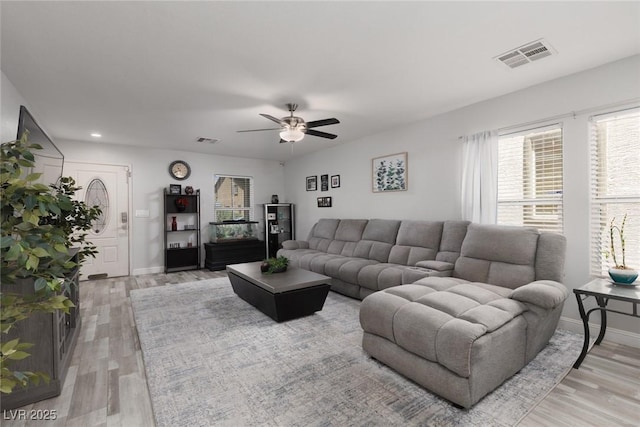 5620 Siena Rose St, North Las Vegas, NV 89031 - living room with a ceiling fan, light wood-type flooring, and recessed lighting