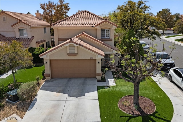 9409 Kayla Ct, Las Vegas, NV 89134 - mediterranean / spanish house featuring a tiled roof, concrete driveway, stucco siding, and a front lawn