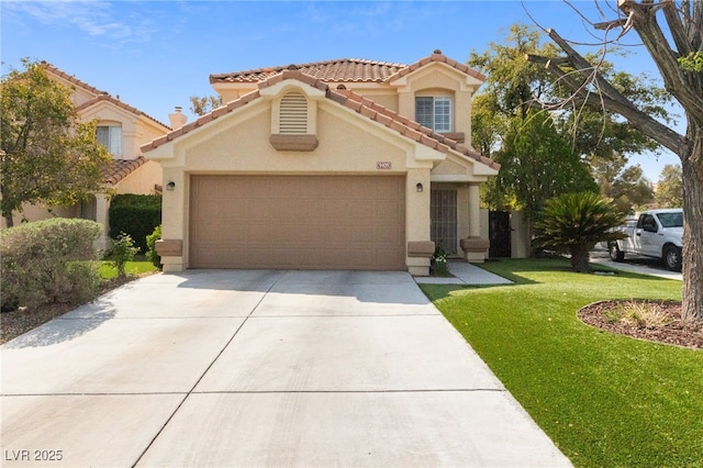 9409 Kayla Ct, Las Vegas, NV 89134 - mediterranean / spanish-style home with a tiled roof, stucco siding, a garage, concrete driveway, and a front lawn