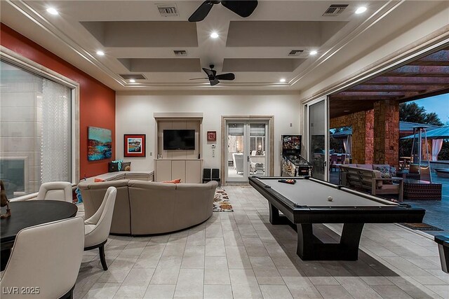 15 Golden Sunray Ln, Las Vegas, NV 89135 - playroom featuring ceiling fan, coffered ceiling, billiards table, light tile patterned floors, and recessed lighting