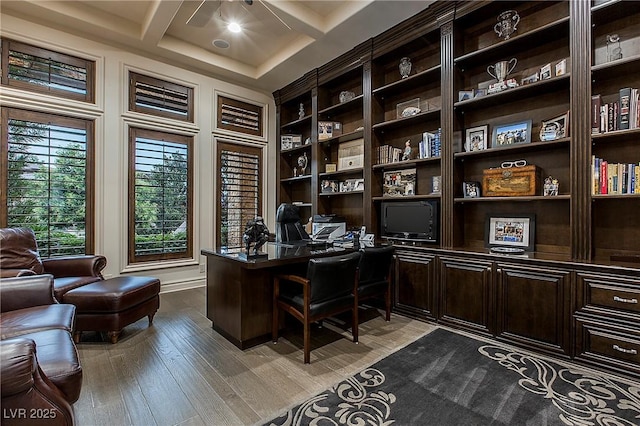 15 Golden Sunray Ln, Las Vegas, NV 89135 - office area with coffered ceiling, light wood-type flooring, beam ceiling, and built in features