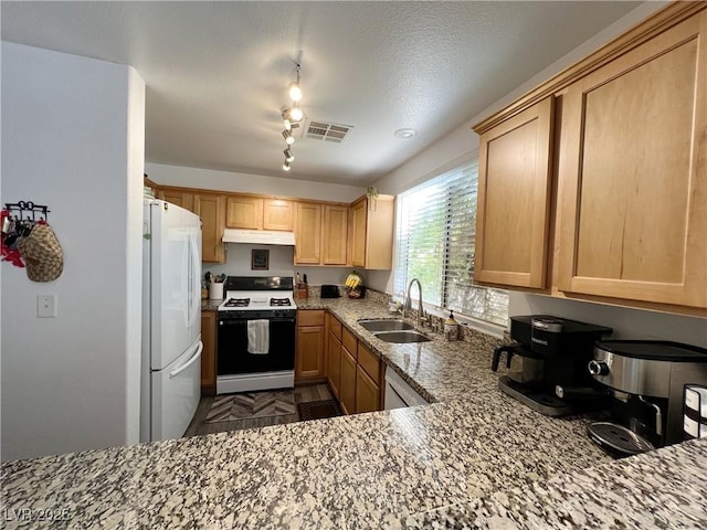 39 Belle La Blanc Ave, Las Vegas, NV 89123 - kitchen featuring white appliances, under cabinet range hood, light brown cabinetry, light stone counters, and rail lighting