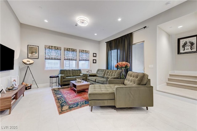 659 Spotted Falcon St, Las Vegas, NV 89138 - living area featuring recessed lighting, stairs, and light tile patterned floors