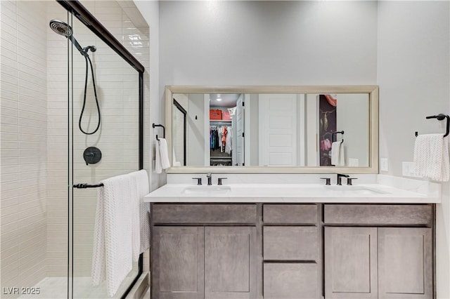 659 Spotted Falcon St, Las Vegas, NV 89138 - bathroom with a stall shower, a spacious closet, and double vanity