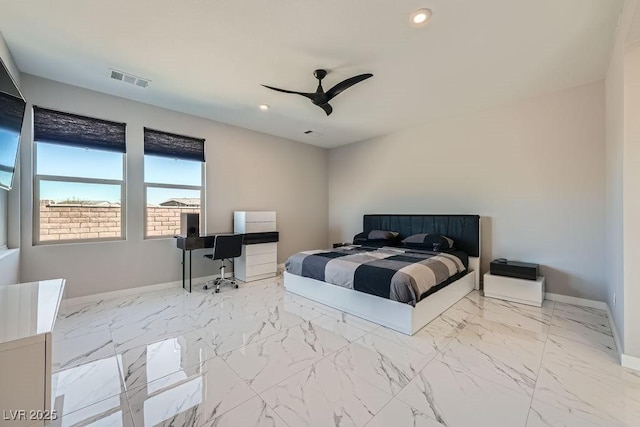 6834 Compass St, North Las Vegas, NV 89084 - bedroom featuring marble look tiles, recessed lighting, and a ceiling fan