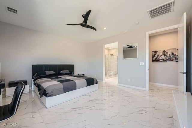 6834 Compass St, North Las Vegas, NV 89084 - bedroom with light marble finish flooring, recessed lighting, ceiling fan, and connected bathroom