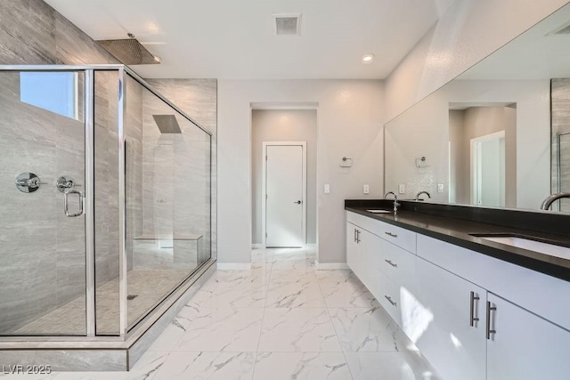 6834 Compass St, North Las Vegas, NV 89084 - full bath featuring double vanity, a shower stall, marble finish floors, and recessed lighting