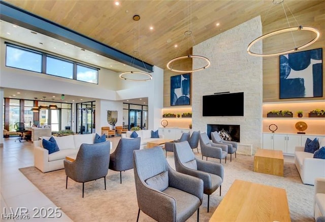 909 Allister Fields Ln, Las Vegas, NV 89138 - community lobby with a high ceiling, wood ceiling, and recessed lighting
