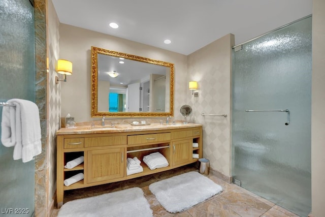 2000 N Fashion Show Dr Unit 2222, Las Vegas, NV 89109 - full bathroom with double vanity and a shower with shower door