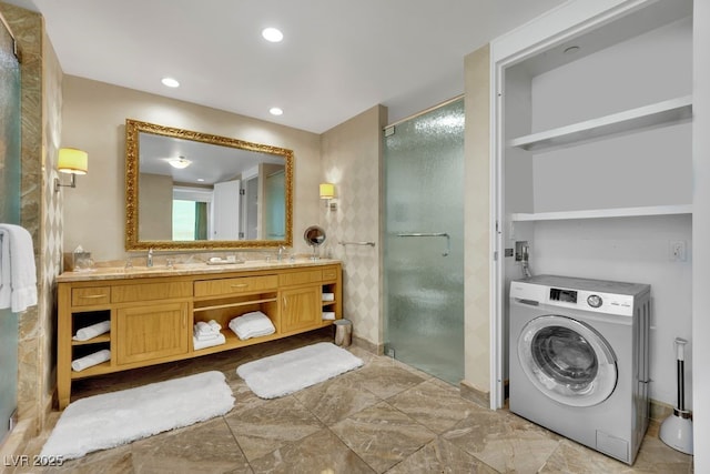 2000 N Fashion Show Dr Unit 2222, Las Vegas, NV 89109 - full bathroom with washer / clothes dryer, a shower stall, double vanity, and recessed lighting