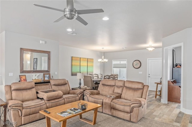 171 Weeping Willow Ct, Pahrump, NV 89048 - living area featuring a chandelier, ceiling fan, and recessed lighting