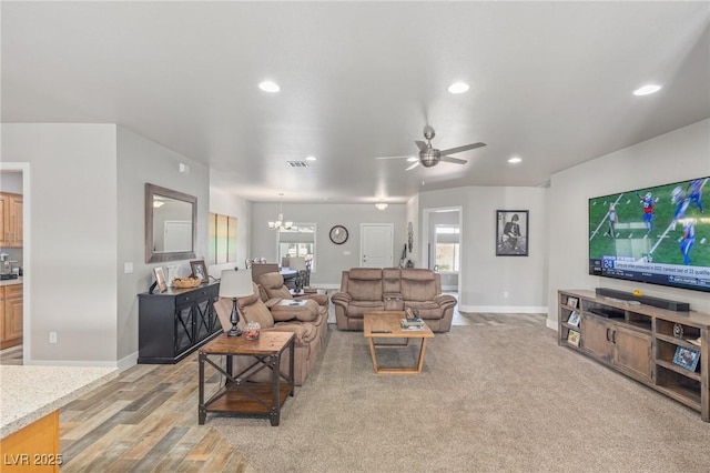 171 Weeping Willow Ct, Pahrump, NV 89048 - living room with a chandelier, a ceiling fan, recessed lighting, and light wood-style floors