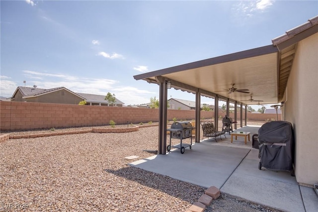 171 Weeping Willow Ct, Pahrump, NV 89048 - fenced backyard featuring ceiling fan, a patio area, and a grill