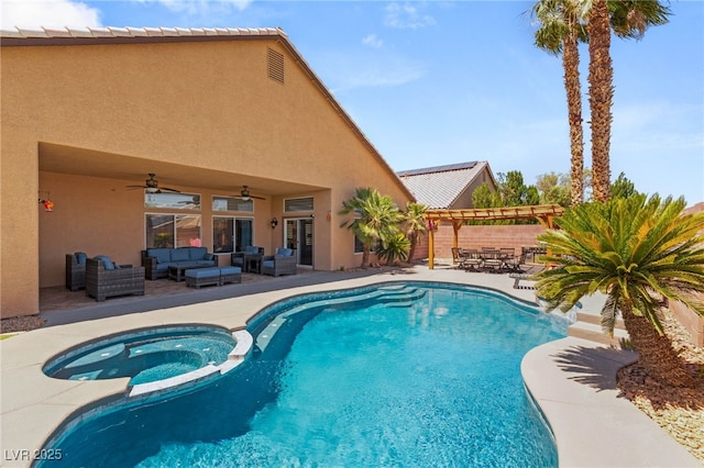 286 Bowsprit Ct, Las Vegas, NV 89183 - view of pool featuring an outdoor living space, a pergola, a pool with connected hot tub, a ceiling fan, and a patio area