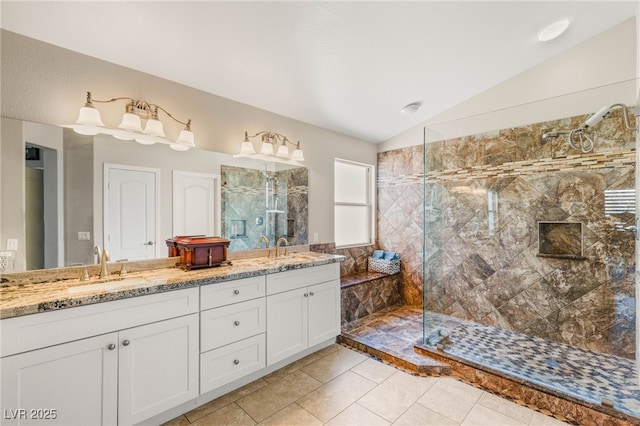 286 Bowsprit Ct, Las Vegas, NV 89183 - full bathroom with vaulted ceiling, tiled shower, double vanity, and tile patterned floors