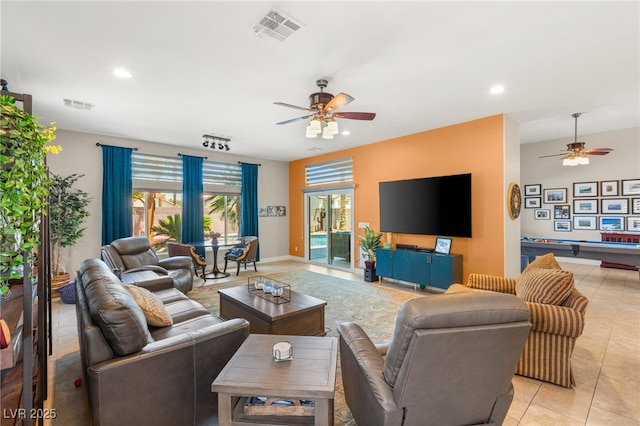 286 Bowsprit Ct, Las Vegas, NV 89183 - living room featuring a ceiling fan, recessed lighting, light tile patterned floors, and pool table