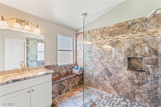 286 Bowsprit Ct, Las Vegas, NV 89183 - full bathroom with tiled shower, vanity, and lofted ceiling