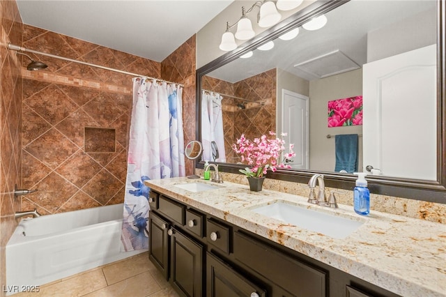 286 Bowsprit Ct, Las Vegas, NV 89183 - bathroom with shower / bathtub combination with curtain, tile patterned flooring, and double vanity