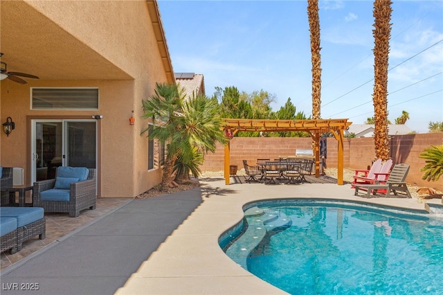 286 Bowsprit Ct, Las Vegas, NV 89183 - view of swimming pool featuring a pergola, a fenced backyard, a patio area, and ceiling fan