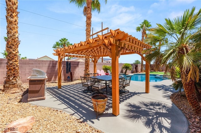 286 Bowsprit Ct, Las Vegas, NV 89183 - fenced backyard with a pergola, area for grilling, a patio area, and outdoor dining space