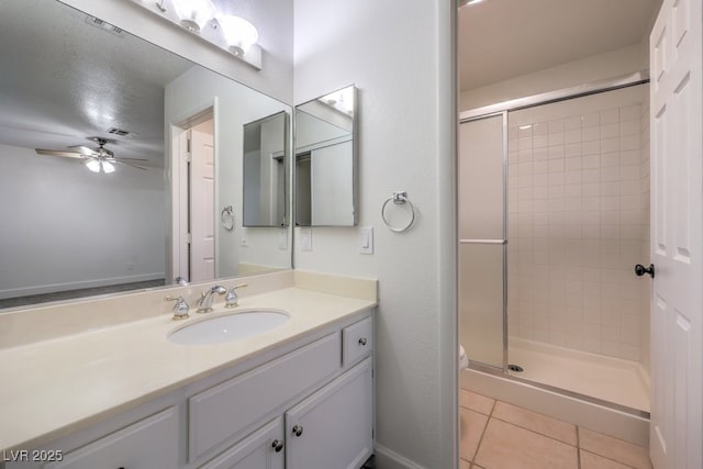 2501 Muirfield Ave, Henderson, NV 89074 - bathroom featuring a stall shower, vanity, tile patterned floors, and a ceiling fan