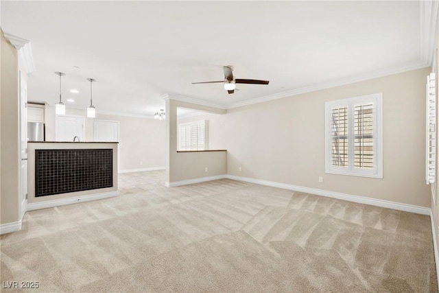 2385 Via Firenze, Henderson, NV 89044 - unfurnished living room featuring ceiling fan, ornamental molding, light carpet, and recessed lighting