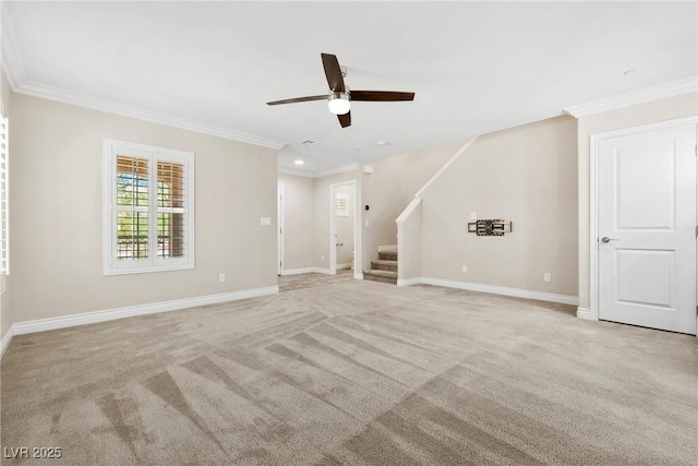 2385 Via Firenze, Henderson, NV 89044 - unfurnished living room with ceiling fan, stairs, ornamental molding, light carpet, and recessed lighting