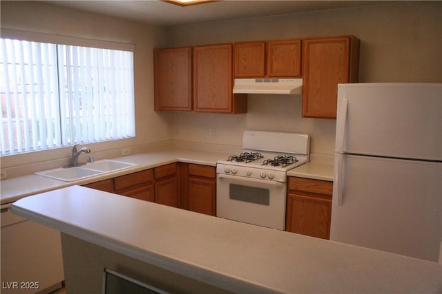 830 Carnegie St Unit 1011, Henderson, NV 89052 - kitchen featuring white appliances, under cabinet range hood, brown cabinets, and light countertops