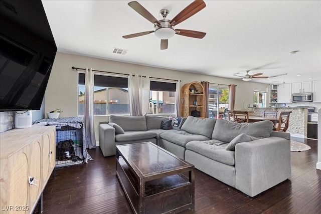 3871 Trellis View Ave, Las Vegas, NV 89115 - living room with ceiling fan and dark wood-style flooring