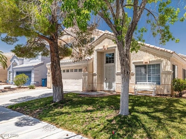 7924 Mcdowell Dr, Las Vegas, NV 89129 - view of front facade with a front lawn, concrete driveway, a tile roof, and a garage