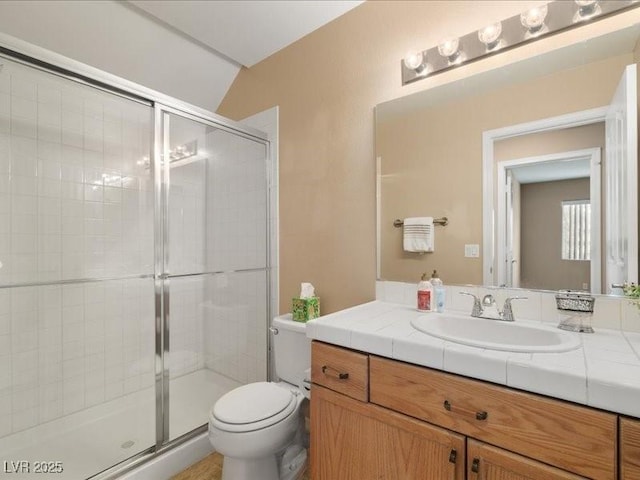 7924 Mcdowell Dr, Las Vegas, NV 89129 - bathroom with vanity, a shower stall, and lofted ceiling