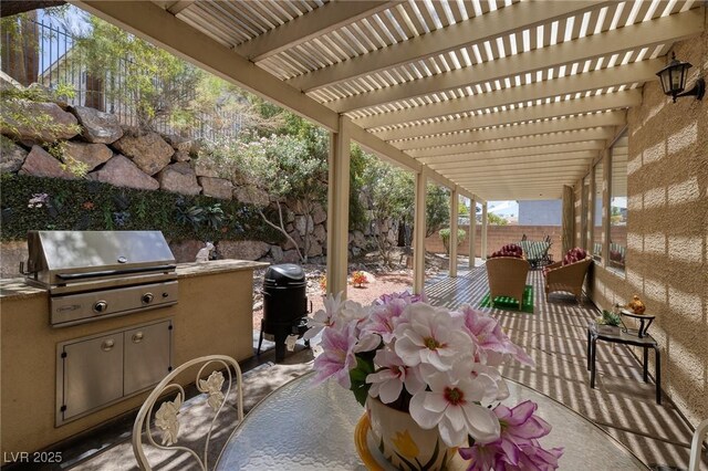 1329 Calle Cantar, Henderson, NV 89012 - fenced backyard with area for grilling, a patio area, and a pergola