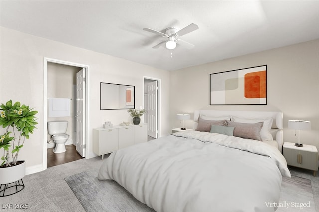 6800 E Lake Mead Blvd Unit 1018, Las Vegas, NV 89156 - bedroom featuring light carpet, connected bathroom, and a ceiling fan