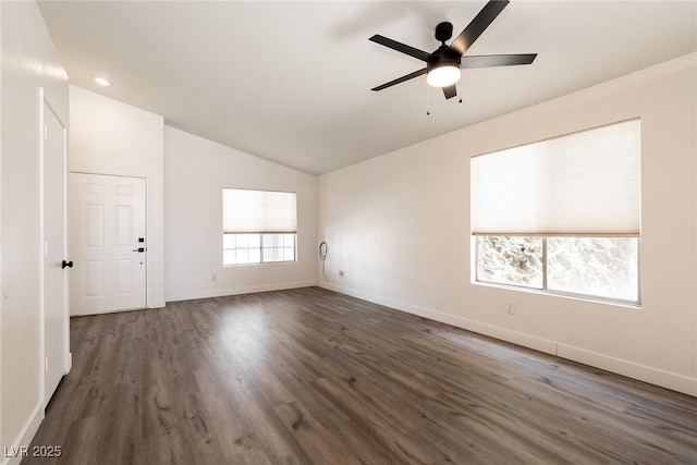 4825 White Aspen Ave, Las Vegas, NV 89130 - spare room featuring lofted ceiling, dark wood-style flooring, ceiling fan, and recessed lighting