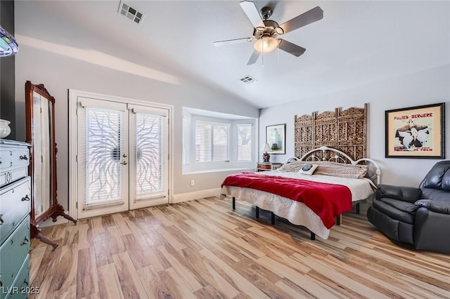 4361 Valley Quail Way N, Las Vegas, NV 89084 - bedroom with access to exterior, lofted ceiling, light wood-style flooring, french doors, and ceiling fan