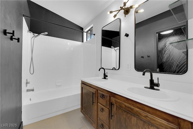 21 Rue De Degas, Henderson, NV 89074 - bathroom with shower / washtub combination, vaulted ceiling, double vanity, and tile patterned floors