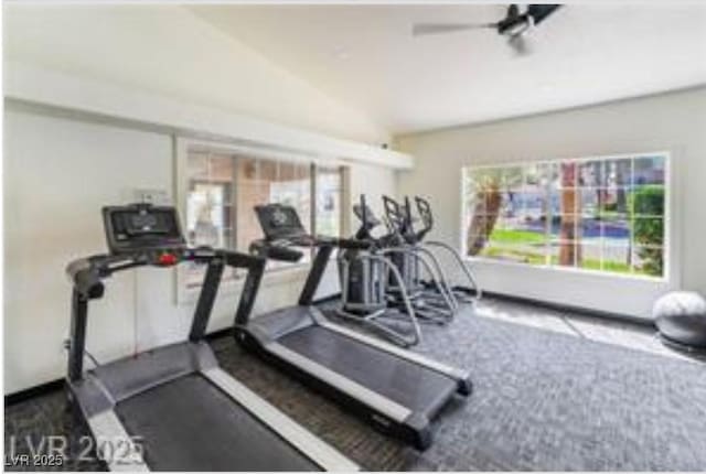 221 Mission Catalina Ln Unit 104, Las Vegas, NV 89107 - gym with vaulted ceiling, carpet flooring, and ceiling fan
