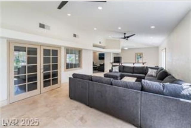221 Mission Catalina Ln Unit 104, Las Vegas, NV 89107 - living room featuring ceiling fan, french doors, recessed lighting, and plenty of natural light