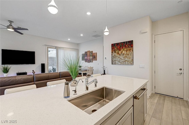 912 Allister Fields Ln, Las Vegas, NV 89138 - kitchen featuring open floor plan, ceiling fan, pendant lighting, light wood-type flooring, and recessed lighting