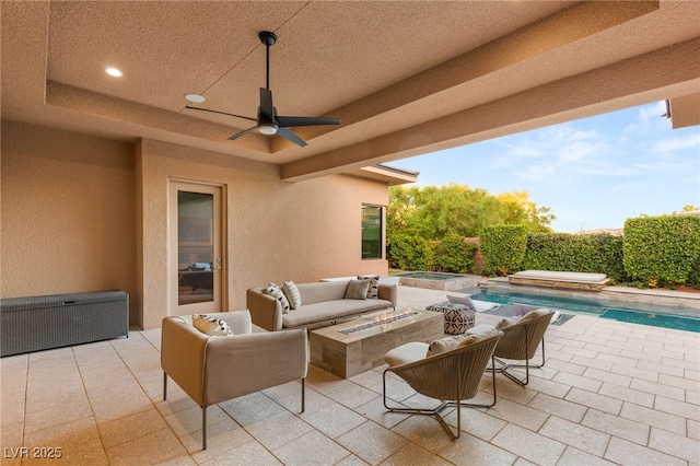 38 Moonfire Dr, Las Vegas, NV 89135 - view of patio with an in-ground hot tub, a ceiling fan, and outdoor lounge area
