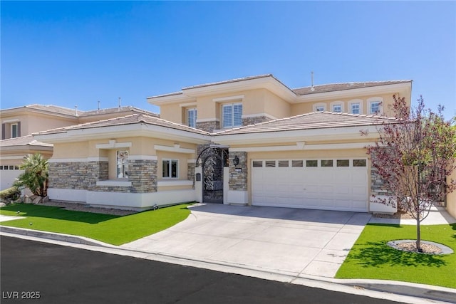 712 Proud Eagle Ln, Las Vegas, NV 89144 - view of front of home featuring concrete driveway, stucco siding, stone siding, an attached garage, and a tile roof