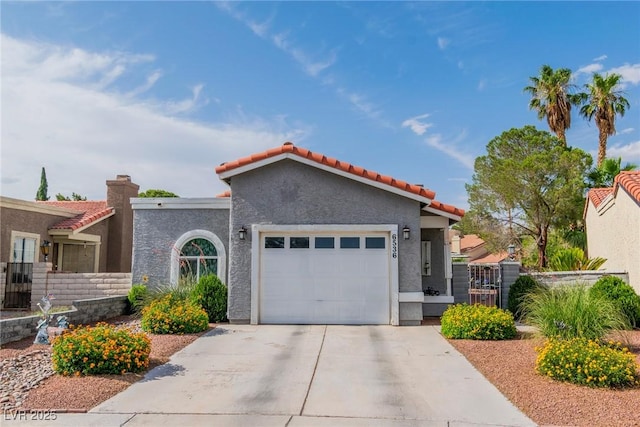 6536 Pleasant Plains Way, Las Vegas, NV 89108 - view of front of house with a garage, stucco siding, driveway, a tiled roof, and a chimney