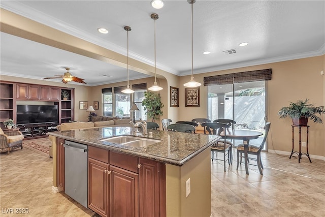 4408 Oasis Plains Ave, North Las Vegas, NV 89085 - kitchen featuring dishwasher, a kitchen island with sink, dark stone counters, light tile patterned floors, and recessed lighting