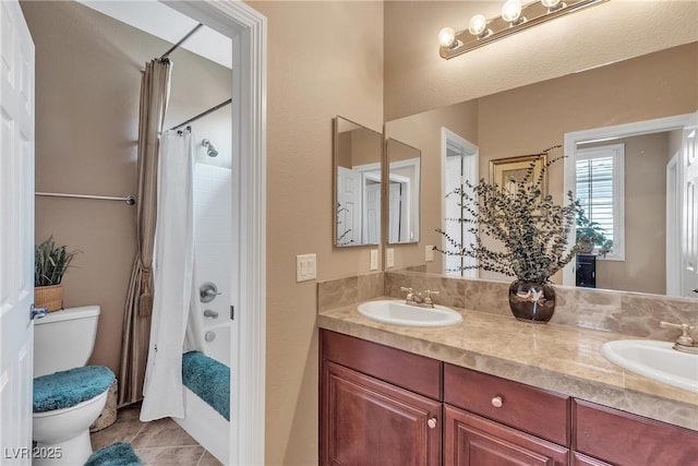4408 Oasis Plains Ave, North Las Vegas, NV 89085 - full bathroom featuring double vanity, shower / tub combo with curtain, and tile patterned floors