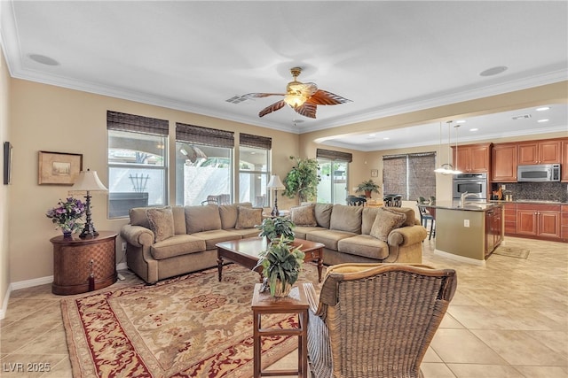 4408 Oasis Plains Ave, North Las Vegas, NV 89085 - living room featuring ceiling fan, light tile patterned flooring, and crown molding